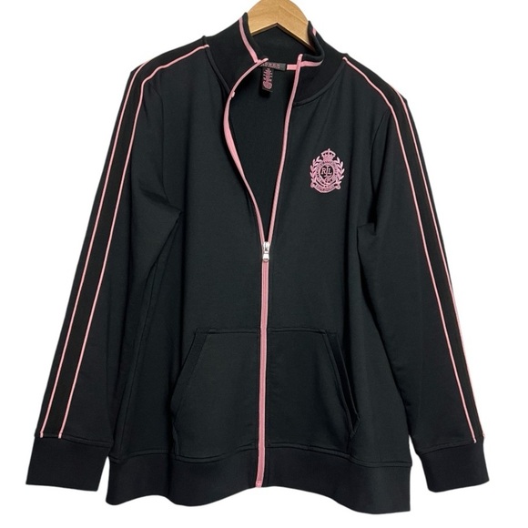 Lauren Ralph Lauren Crested Track Jacket Zip Up Black & Pink 1X - Picture 2 of 9